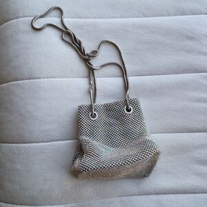 Charming Charlie Silver Bag w/ Sparkly Design and Drawstring Closure_crossbody